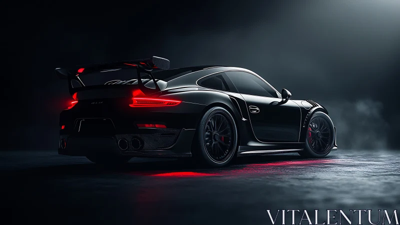 Black track-ready sports car glows under moody studio light