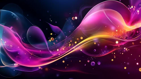 Vibrant neon light waves with glowing particle trails.