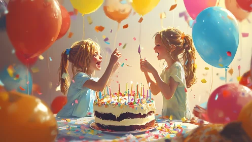 Children celebrating with layered cake and vibrant balloons in luminous interior space.