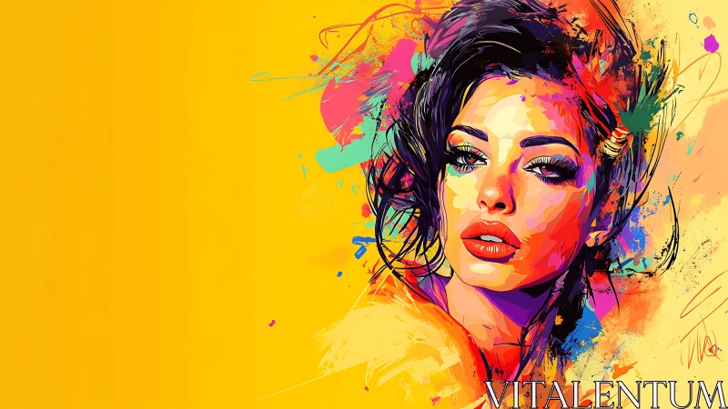 Vibrant multicolor portrait of woman on yellow background.