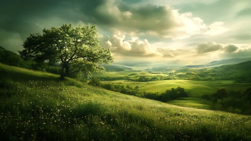 Lone hillside tree under dramatic golden stormlit sky.