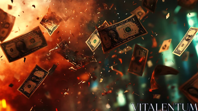 Banknotes in fiery freefall through cinematic chaos and light.