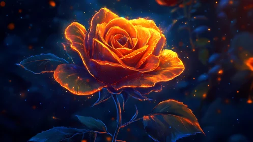 Luminous fiery rose in nocturnal digital painting bloom.