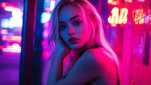 Neon night muse resting in rivers of pink and blue light.