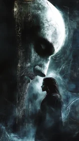 Monolithic spectral visage communing with silhouetted figure.