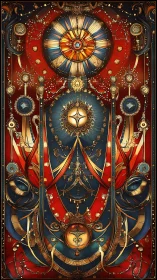 Ornate symmetrical abstract with celestial emblems.
