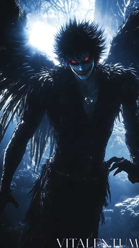 Midnight harbinger grins beneath a halo of frozen starlight