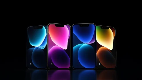 Row of modern smartphones with vivid abstract displays.
