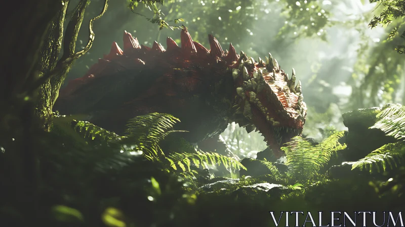 Spiked reptilian creature in dense sunlit jungle environment.