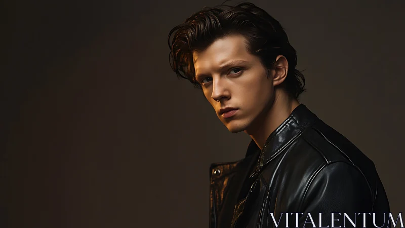 Brooding leather-clad rebel framed by cinematic shadows.