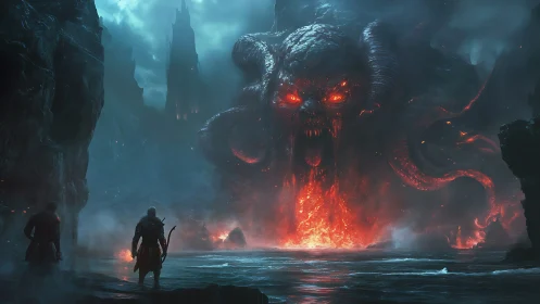 Brave adventurers face a glowing lava sea monster.