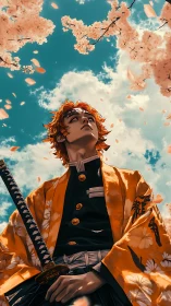 Samurai swordsman under cherry blossoms in golden haori.
