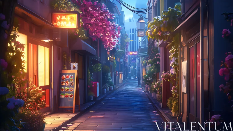 Lantern-lit flower alley glows in twilight city hush.