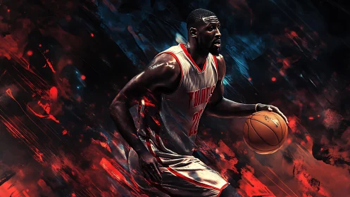 Dynamic digital art of basketball player in motion.