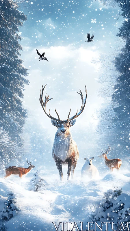 Majestic stag leads winter wildlife through luminous snowfall