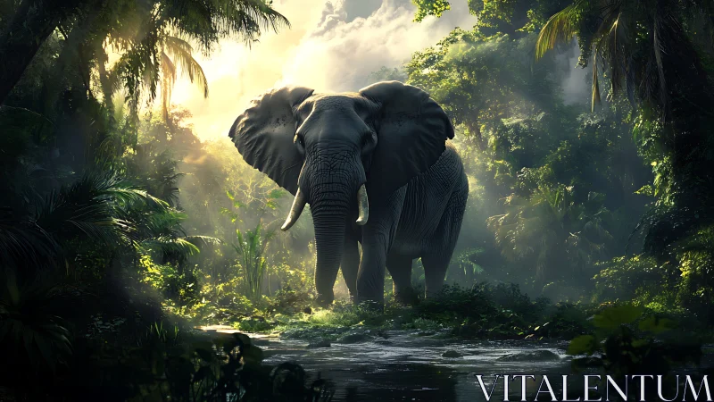 Backlit elephant stands in dense rainforest, volumetric light rays