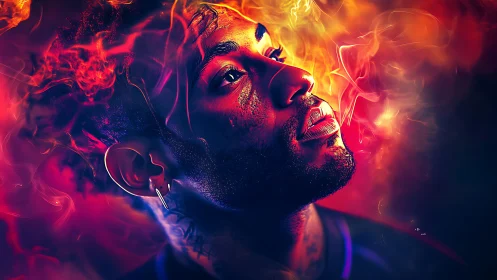 Vivid digital portrait of man surrounded by swirling fire.