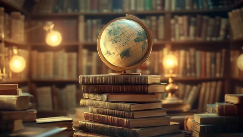 Glowing library globe crowns a tower of timeworn books.