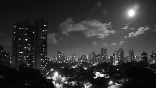 Moonlit city skyline glows softly above quiet urban streets