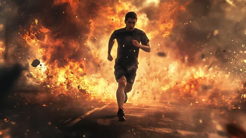 Male runner advances on roadway amid large background fire