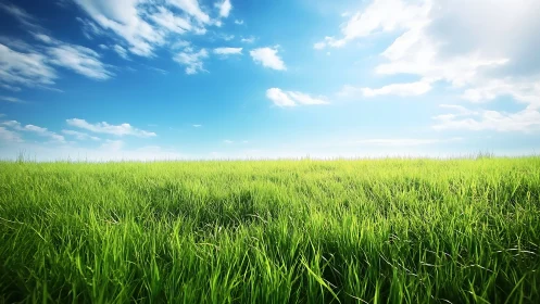 Sunlit grassland under deep blue sky with soft clouds.