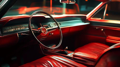 Vintage red car interior glows under warm cinematic lighting