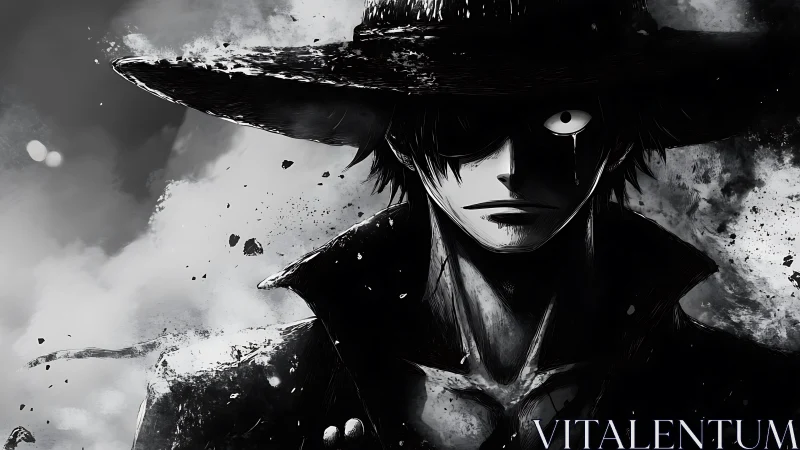 Shadow-eyed wanderer in a storm of ink and ruin.