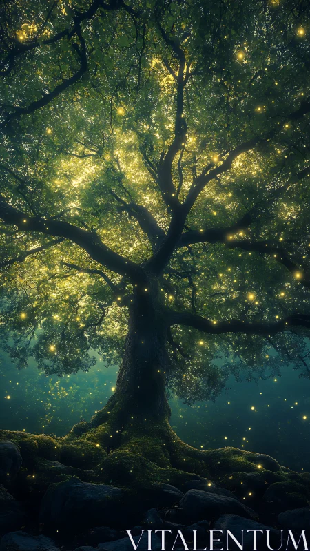 Enchanted forest tree glowing with floating fireflies.