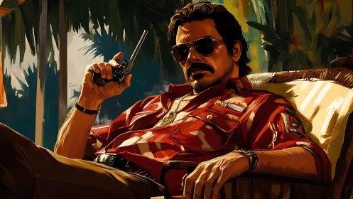 Tropical cartel enforcer reclining with revolver, digital chiaroscuro.