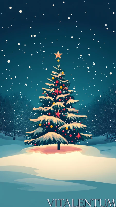 Snowy Christmas tree glows under midnight winter sky.