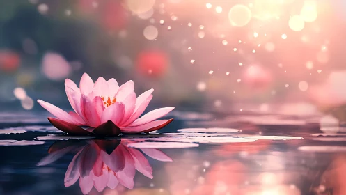 Soft pink water lily glows gently on a dreamy tranquil pond