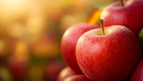 Macro study of dewy red apples under warm backlighting