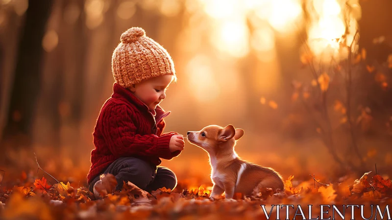 Child in crimson sweater bonds with puppy amid golden autumn leaves