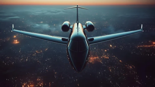 Sleek private jet crosses glowing city at blue hour
