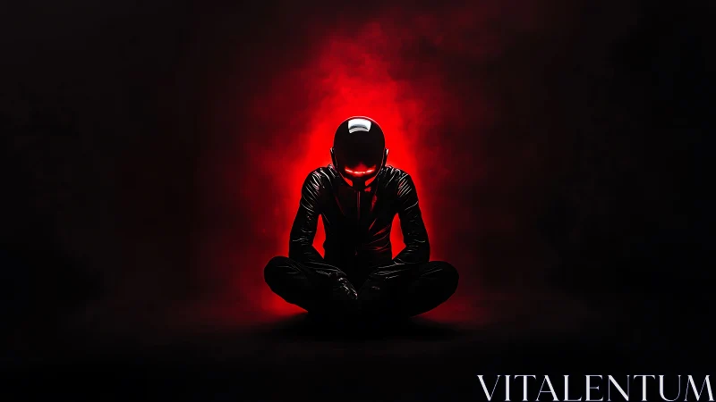 Cyberpunk sentinel in red halo with meditative symmetry.