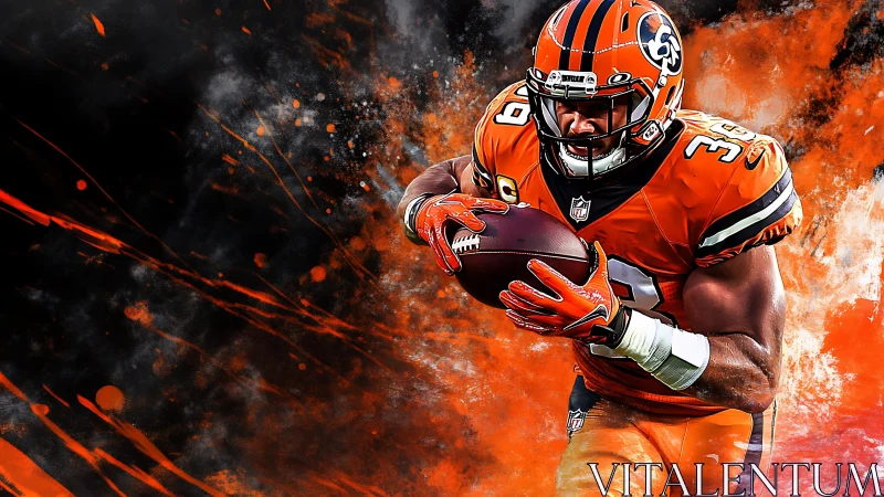 Dynamic football runner bursting through fiery orange energy.