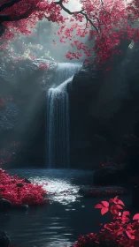 Waterfall pool framed by vivid red forest foliage.