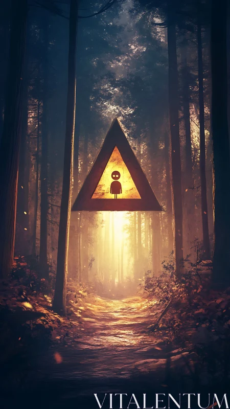 Glowing triangular portal with figure in dark forest path.