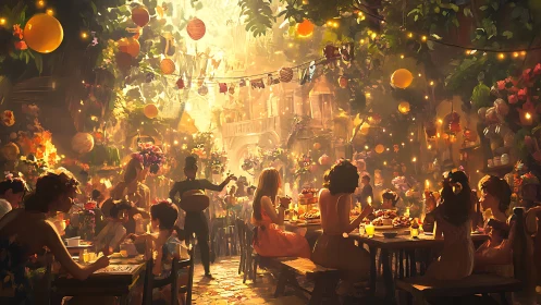 Sunlit garden banquet under glowing lantern canopies.