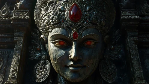 3D deity relief portrait with jeweled crown and glowing eyes.
