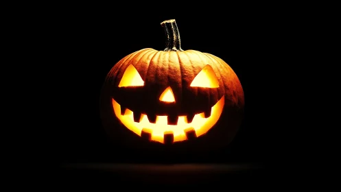 Glowing jack-o’-lantern grins in dramatic Halloween darkness