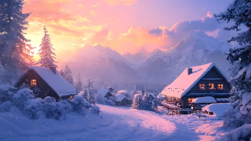Snowy alpine village glows under radiant winter sunset.