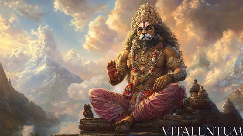 Majestic lion-headed deity seated amid glowing mountains.