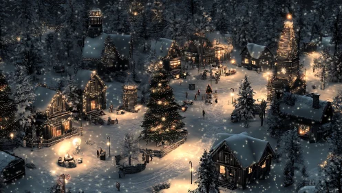 Illuminated alpine village square under dense nocturnal snowfall.