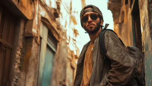 Urban drifter in sunlit alleyway, wrapped in rugged cool.