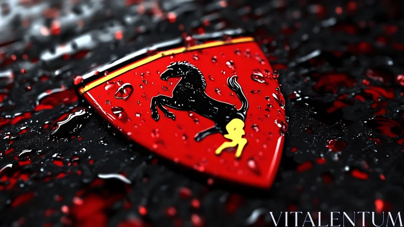 Rain-kissed red racing emblem glows against inky asphalt.