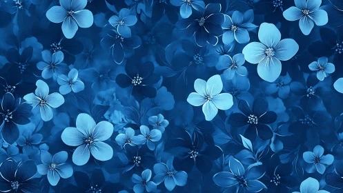 Monochromatic Blue Floral Composition with Layered Botanical Elements