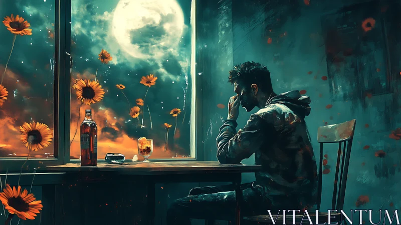 Moonlit reflections with a lonely dreamer at the window.