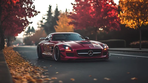 Red sports coupe glides through autumn avenue in soft bokeh light