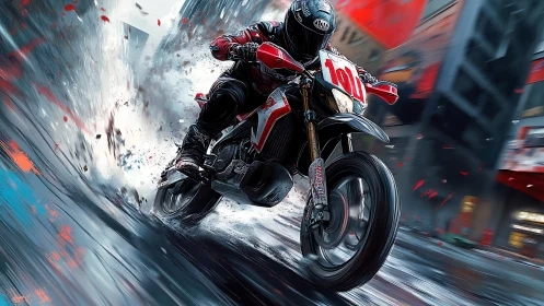 High-speed street racer carving through neon city storm.